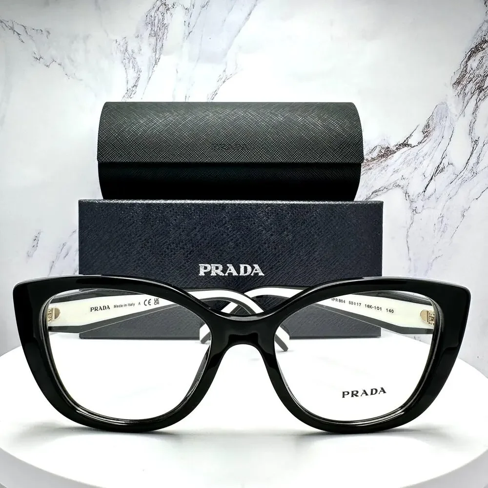 New PRADA Eyeglasses Cat Eye Black White Gold 53-17-140 Womens
